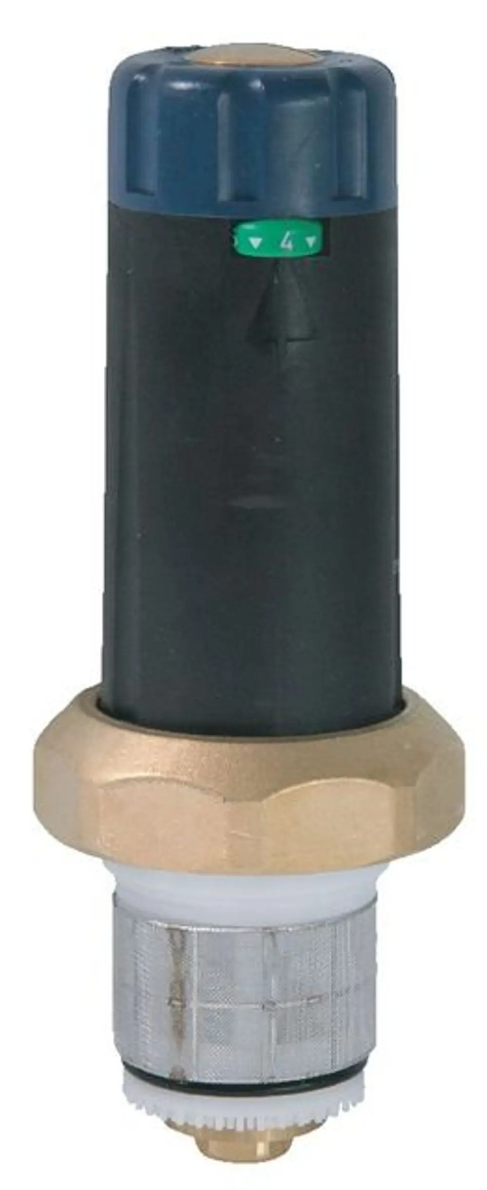 Druckmindererkartusche mit schwarzem Kunststoffoberteil und Messingunterteil. Schaltmechanismus in blau, grünem Pfeil und Skala deutlich sichtbar. Hersteller: Syr.